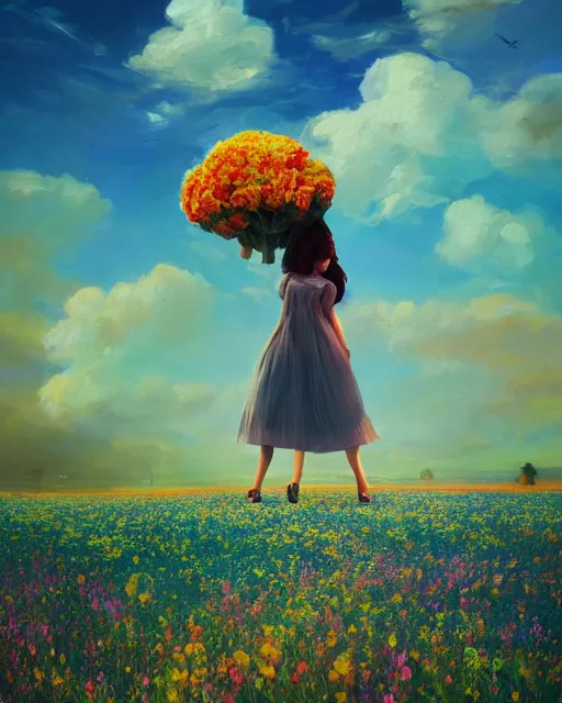 Image similar to girl with a giant carnation head, surreal photography, flower field, sunset dramatic light, impressionist painting, colorful clouds, blue sky, digital painting, artstation, simon stalenhag