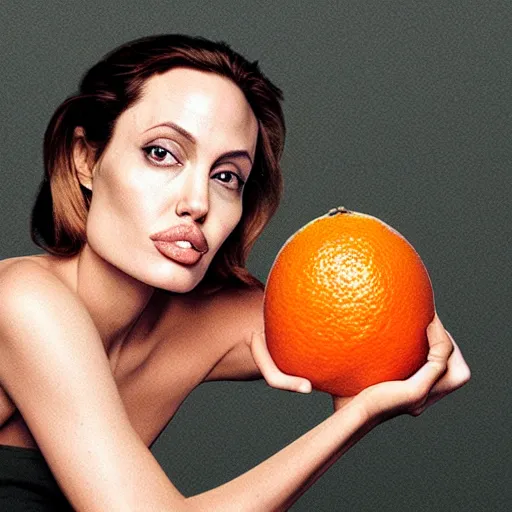 Image similar to an orange with the face of angelina jolie