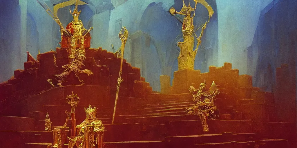 Image similar to a medieval king sitting on a golden throne led by stairs leaning on a shiny sword in a palace, light illuminating behind the throne, beksinski and syd mead cinematic painting