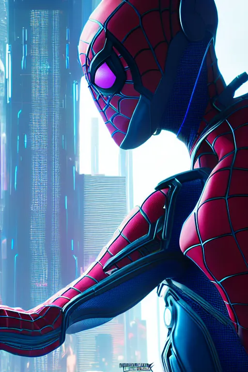 Image similar to futuristic portrait art of an armored cyberpunk spiderman, futuristic style spiderman, cyberpunk, game screenshot from cyberpunk 2 0 7 7