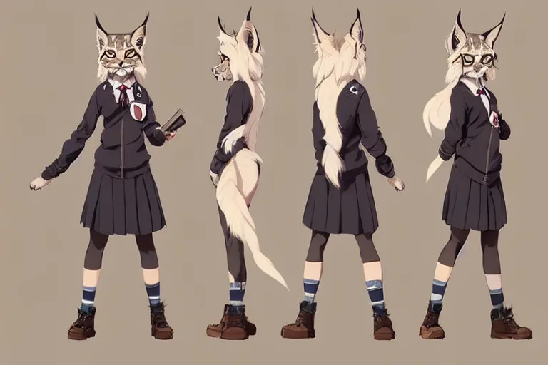 Image similar to character sheet of attractive female lynx fursona, magic school uniform, blonde hair, by greg rutkowski and studio ghibli, digital art, trending on artstation, highly detailed, concept art, beautiful, masterpiece