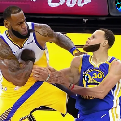 Prompt: lebron james and steph curry fight over a foul at nba