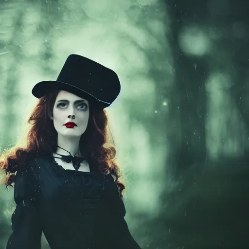 Image similar to A beautiful portrait of a lady, victorian, dracula, ominous, depth of field, bokeh, irwin penn, soft light, cinematic