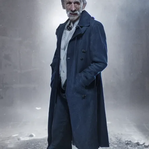 Image similar to tom holland as a rough dirty old man with a scruffy beard in a dark blue trenchcoat as the new doctor who, cinematic, volumetric lighting, f 8 aperture, cinematic eastman 5 3 8 4 film, photorealistic by greg rutkowski