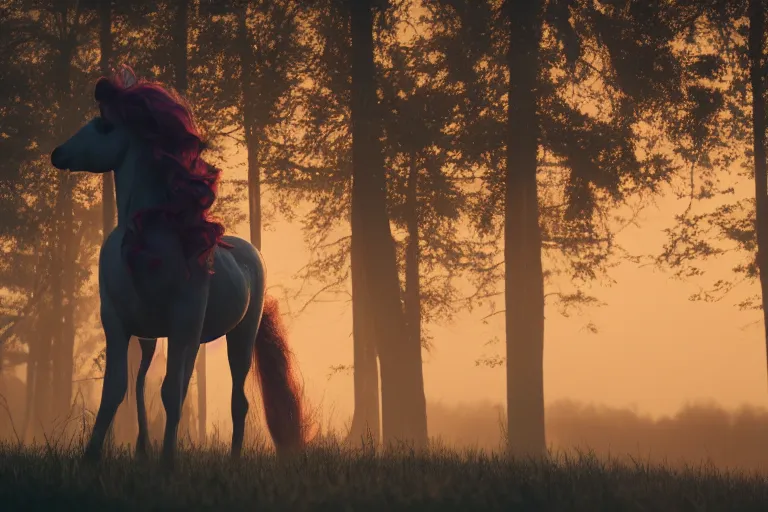 Image similar to Pinkie Pie equine sitting down viewed from behind, gazing off into the horizon, professional animal photography and mood lighting, flowing mane and tail, relaxed expression, subtle fog, fireflies 4k