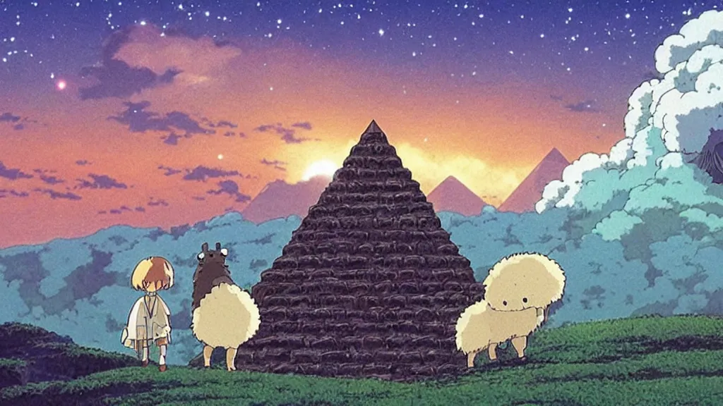 Prompt: a movie still from a studio ghibli film showing a lovecraftian alpaca from howl's moving castle ( 2 0 0 4 ). a pyramid is under construction in the background, in the rainforest on a misty and starry night. a ufo is in the sky. by studio ghibli