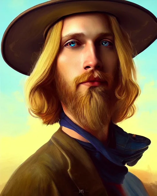 Image similar to colorful painting of a man with long blond hair with a helicopter hat, no beard, matte painting, trending on art station, ultra - detailed, hq