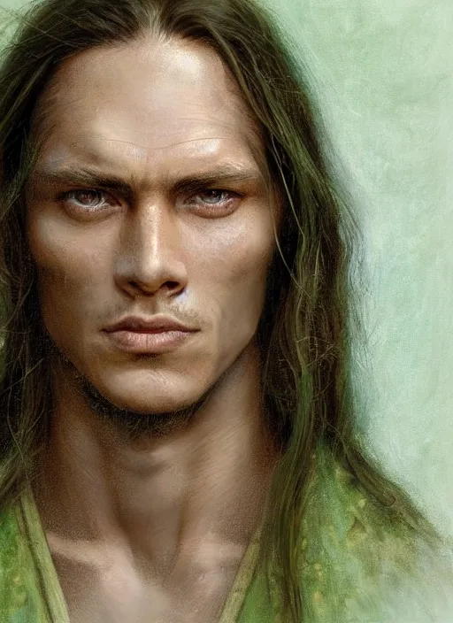 Image similar to a shaman in his twenties with long light brown hair tied back, light green eyes, a large forehead, a widows peak and a round face with high cheekbones and full lips as a realistic d & d fantasy character, portrait art by donato giancola and greg rutkowski, vintage retro, realistic face, digital art, trending on artstation