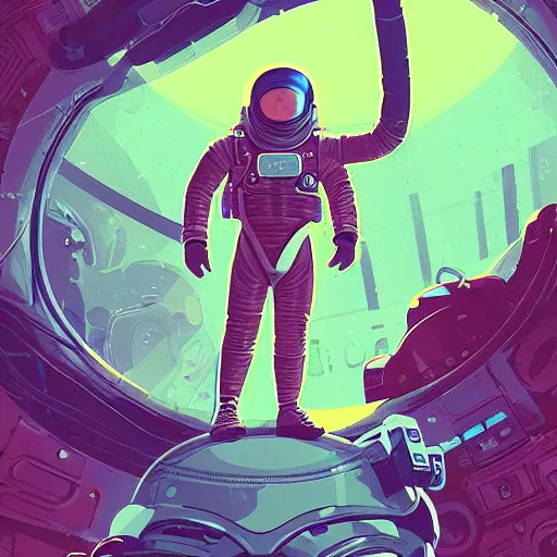 Image similar to view of a future cosmonaut with helmet having cybernetics and wirings exploring a jungle, d & d, trending on artstation, art by rossdraws, petros afshar, tom whalen, laurie greasley and greg rutkowski and ilya kuvshinov, global illumination