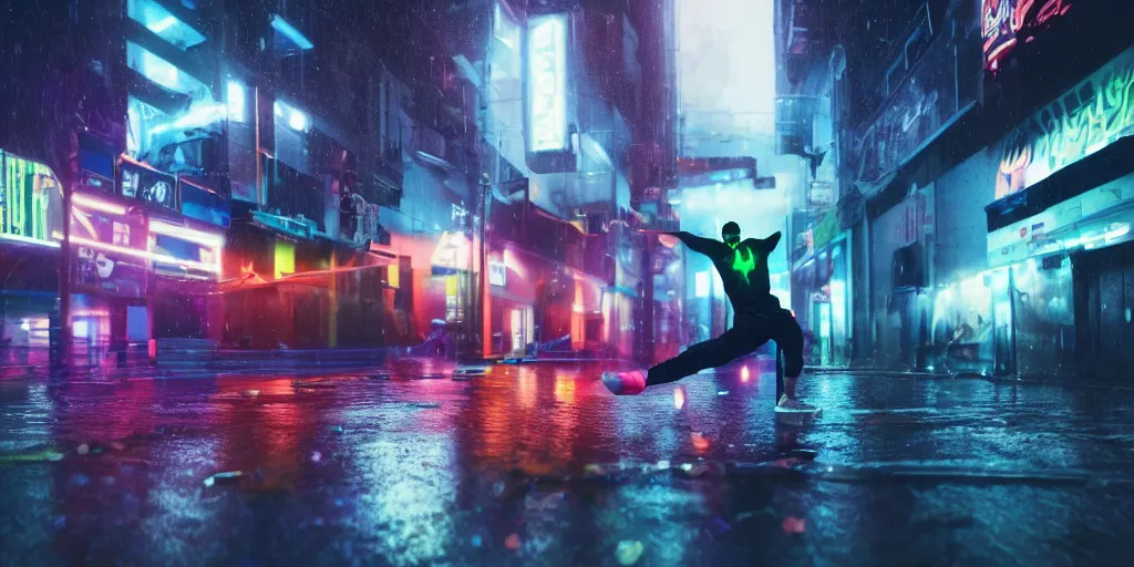 Image similar to cinematic camera wide angle of slow motion film still of futuristic break dancer wearing neon lights, long exposure shot , at night in the middle of a rainy street, paddle of water, water splashes, rim lights, glossy reflections, water droplets on lens, octane render, detailed and soft, by laurie greasley