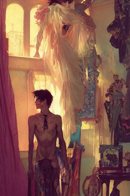 Image similar to a skinny goth guy standing in a cluttered 9 0 s bedroom, full body character concept art, vaporwave colors, intricate, elegant, highly detailed, digital painting, artstation, concept art, smooth, sharp focus, illustration, art by artgerm and greg rutkowski, and alphonse mucha