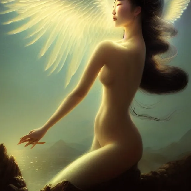 Prompt: beautiful cinematic portrait of an angelic mongolian princess spreading her wings, sexy face with full makeup, atmospheric lighting, intricate, volumetric lighting, beautiful, sharp focus, ultra detailed, in the art style of bowater, charlie, brom, gerald, with lake baikal in the background, astrophotography