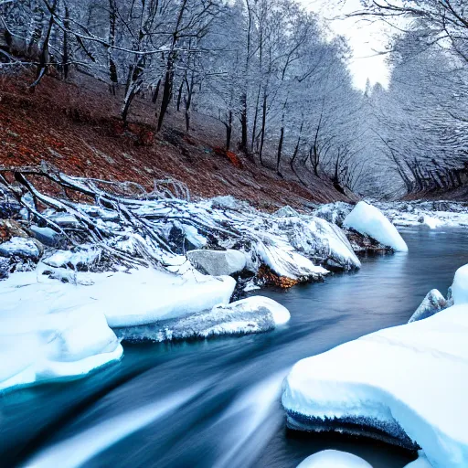 Image similar to winter icy rivers in the forest, woodland creatures, award-winning photography, 4k detail