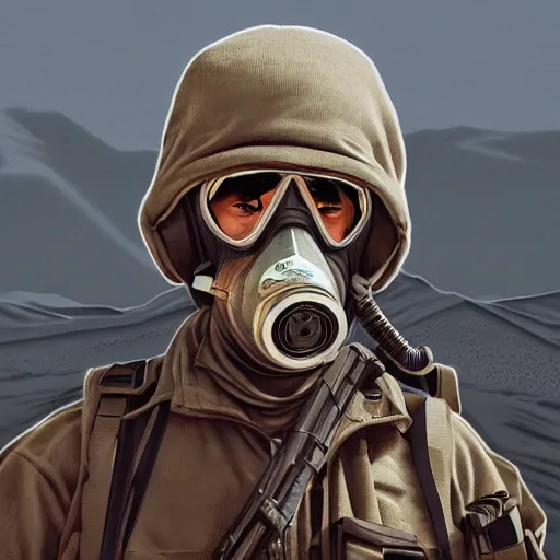 Image similar to portrait artwork of soldier wearing a gas mask holding ak-47. Desert background. Artwork by Dan Mumford, realistic cinematic lighting, ultra detailed, hyper realism