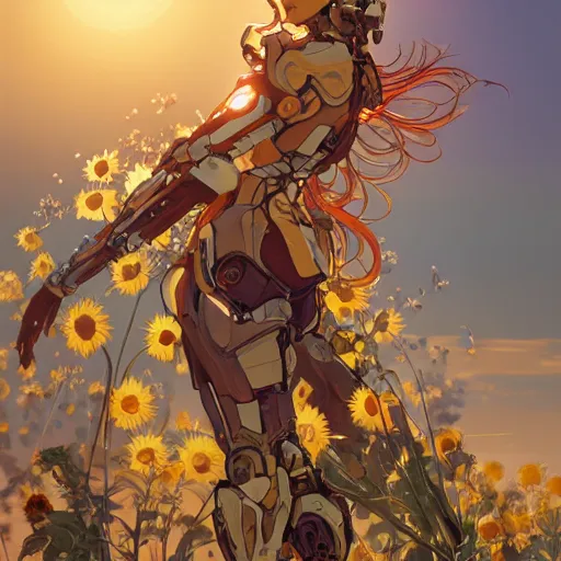 Prompt: beautiful woman cybernetic combat mech augmentations sunflower field sunset beautiful by alphonse mucha yoji shinkawa and james gurney artstation hyperrealism