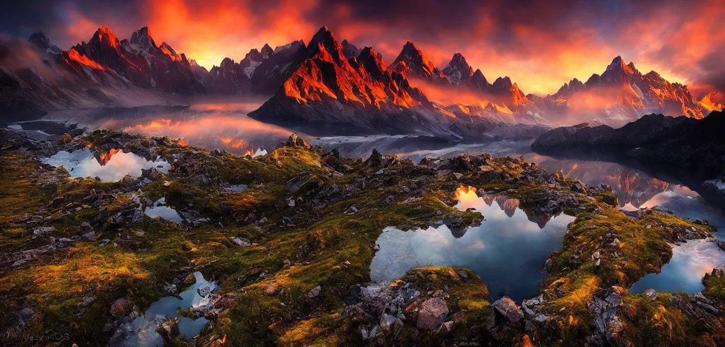 Image similar to amazing landscape photo of mountains with lake in sunset by marc adamus, beautiful dramatic lighting