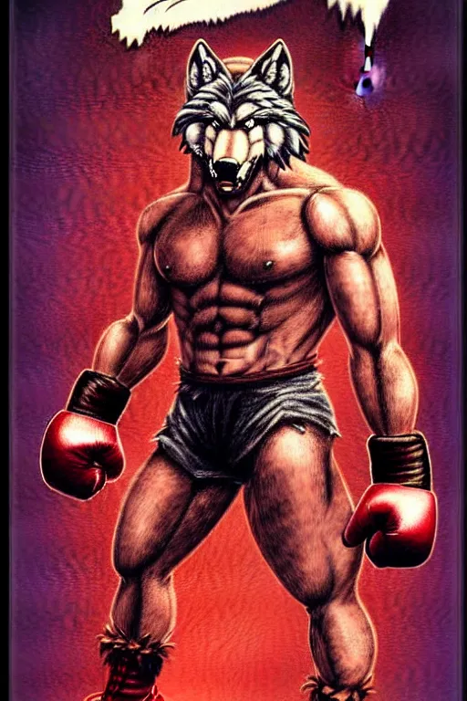 Image similar to extreme long shot. 8 bit nes graphics. antropomorphic muscular masculine wolf. kickboxer fighter, in shorts. wolf head. angry. fine details, very sharp, art from nes game cartridge, 8 0's, vhs artefacts, vaporwave style, marc simonetti and hermann nitsch and anish kapoor.