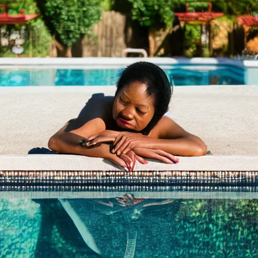 Image similar to a black and asian woman sitting by the pool, heavy detail, 3 5 mm photograph.