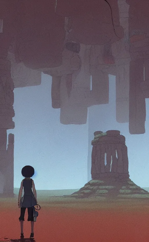 Image similar to a realistic cell - shaded studio ghibli concept art from paprika ( 2 0 0 6 ) of a flying multi - colored cube android from close encounters of the third kind ( 1 9 7 7 ) in a flooded monument valley stonehenge jungle on a misty starry night. very dull colors, wide shot, hd, 4 k, hq