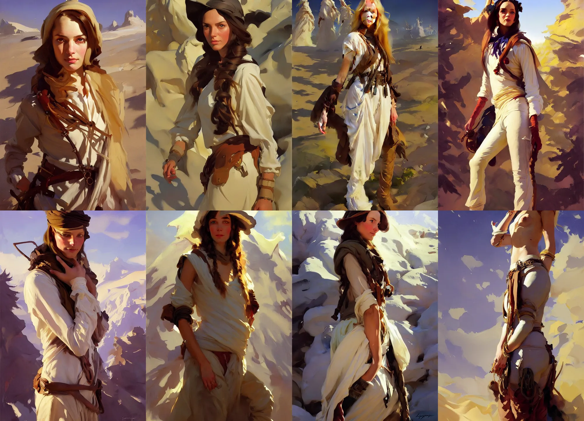 Image similar to in full growth portrait of hippie model girl jodhpurs hyperborea winter traveler treasure hunter greg manchess painting by sargent and leyendecker, fantasy, medium shot, asymmetrical, intricate, elegant, matte painting, illustration, hearthstone, by rhads, by greg rutkowski, by greg tocchini, by james gilleard, by joe fenton