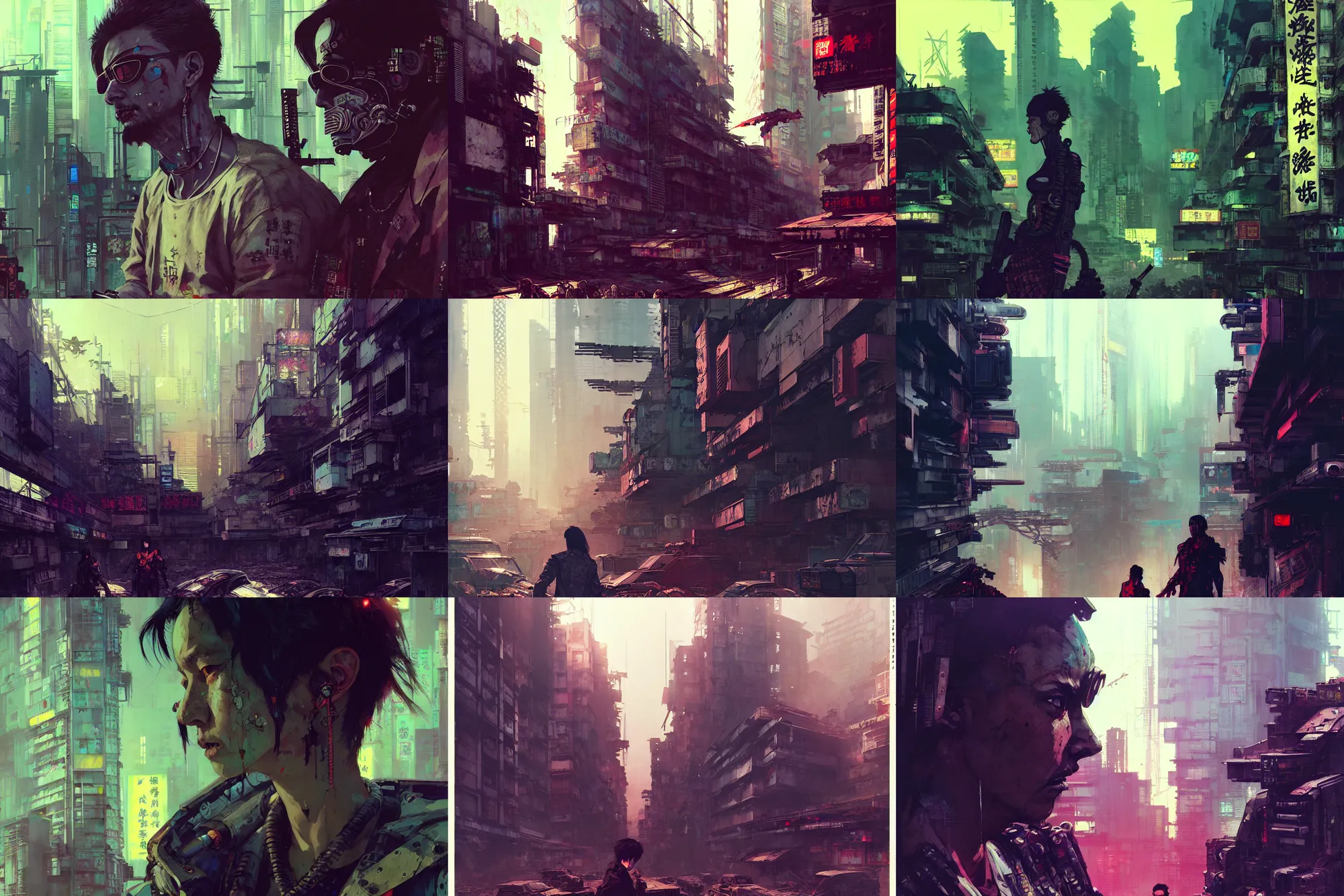 Prompt: hyper - realistic cyberpunk portrait of abandoned kowloon, extreme detail, in style of yoji shinkawa, pan ren wei, col price, atey ghailan, by greg rutkowski, by greg tocchini, by james gilleard, by joe fenton, by kaethe butcher, grunge aesthetic