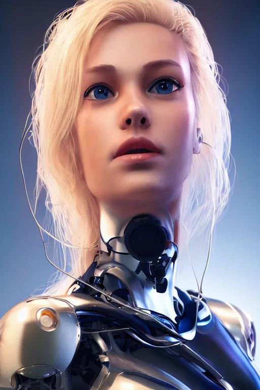 Image similar to a beautiful woman with blonde hair wearing robot suit with wires and light, highly detailed, photorealistic, artstation, smooth