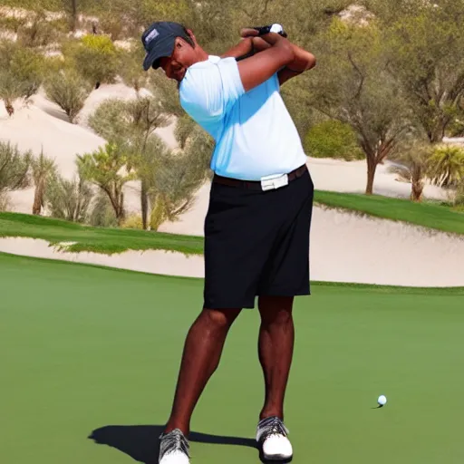 Image similar to a man with pickle textured skin tone golfing in the desert