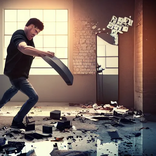 Image similar to incredible cinematic image of young angry man fighting to himself while breaking a large mirror, debris everywhere, studio shot, dynamic lighting, high definition, highly detailed, photo-realistic, unreal engine render, 16k