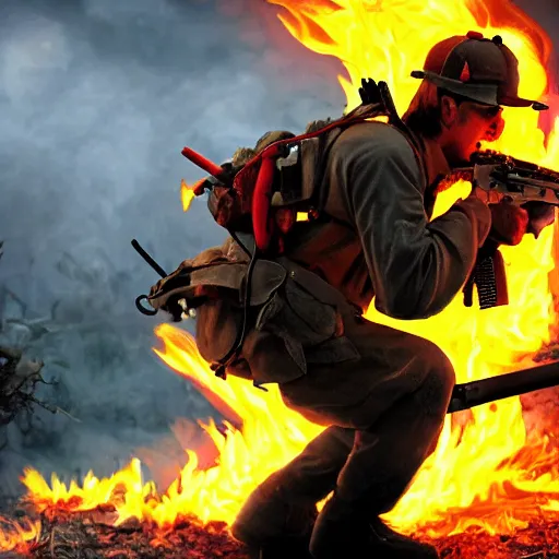 Image similar to Rambo shooting flames out of a flamethrower, moonlight, burning trees, burning computers on the floor, detailed face, real picture, 8K, action movie scene