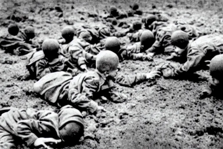 Image similar to newborn baby soldiers crawling, storming normandy, old world war 2 photo, film grain