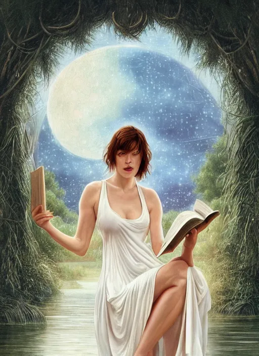 Prompt: milla jovovich in white nightgown reading a book by a river, full moon in a dark starry sky, golden orbs and fireflies, illustration, dramatic lighting, soft details, painting oil on canvas, art nouveau, octane render, 8 k, by edmund blair leighton, brom, charlie bowater, trending on artstation, faces by tom bagshaw, sargent