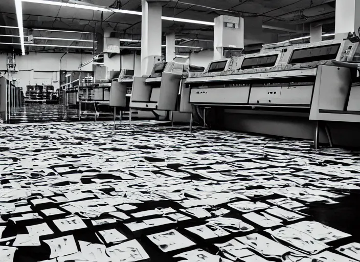 Image similar to data processing plant, with retro matrix printers rapidly printing sheets of paper overflowing onto the floor. 2000s computer ad style picture in high contrast color
