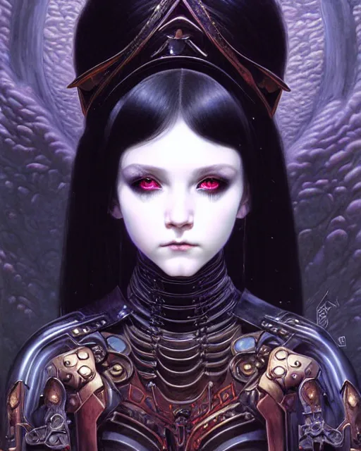 Image similar to portrait of beautiful cute young goth maiden girl with short white hairs in warhammer armor, art by ( ( ( kuvshinov ilya ) ) ) and wayne barlowe and gustav klimt and artgerm and wlop