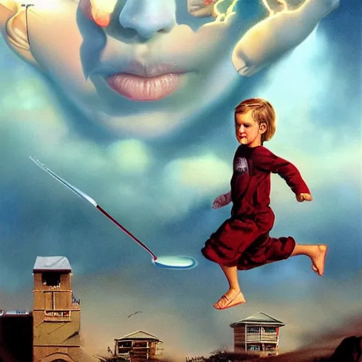 Image similar to a disappearing running child holding scissors in hand disappears evaporates dissolves into vapor, mist, smoke, blood drops and spatteer, a detailed matte painting by John Philip Falter and Jason Edmiston