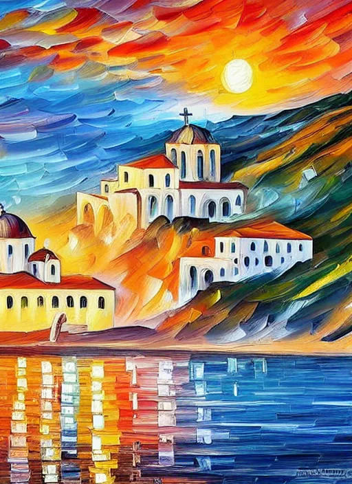 Image similar to beautiful seaside greek village and church at sunset in the style of leonid afremov