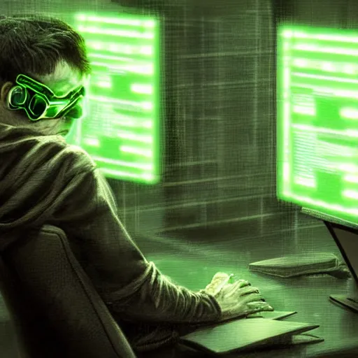 Image similar to a hacker sitting at his computer with green glare by raymond swanland, highly detailed