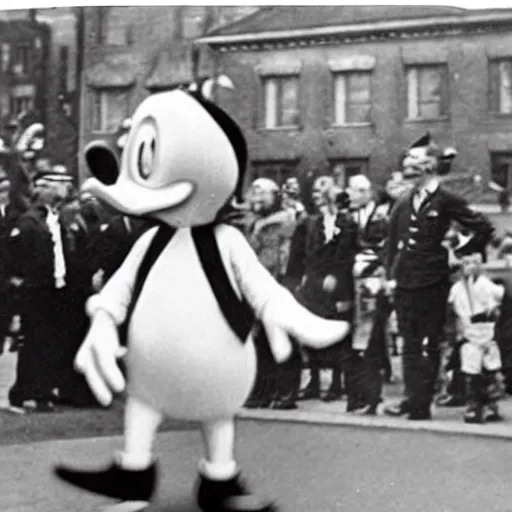 Image similar to historic colorized photograph of donald duck at a nazi parade in 1 9 3 6