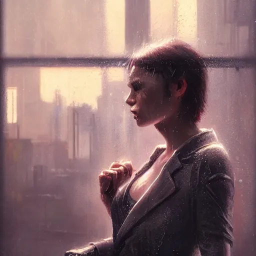 Image similar to detailed portrait of a woman, moment, cyberpunk cloisters, electronic billboards, tech noir, wet reflections, atmospheric, ambient, livia prima, greg rutkowski, edward hopper, pj crook