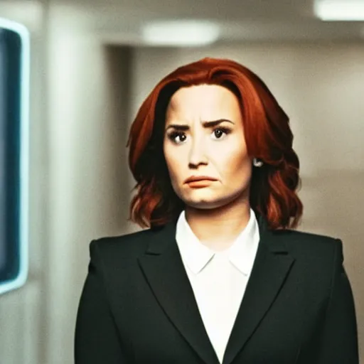 Prompt: close-up of Demi Lovato as Dana Scully with black hair in an X-Files movie directed by Christopher Nolan, movie still frame, promotional image, imax 35 mm footage