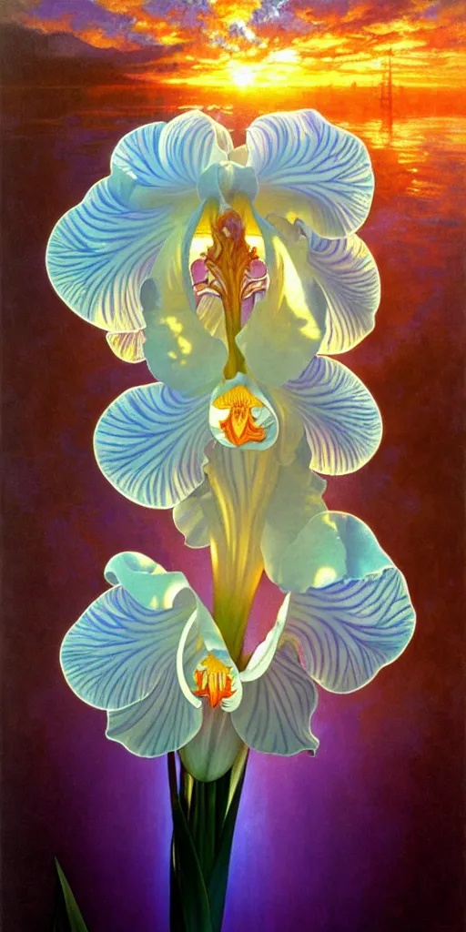 Image similar to detailed giant white holographic orchid iris hybrid flower, lsd water, lsd ripples, droplets, backlit, sunset, refracted lighting, art by collier, albert aublet, krenz cushart, artem demura, alphonse mucha