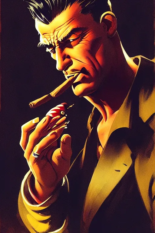 Image similar to A mafia boss lighting a cigar in a cyberpunk setting, by Frank Frazetta, dramatic lighting, high contrast colours, as trending on Artstation, highly detailed,