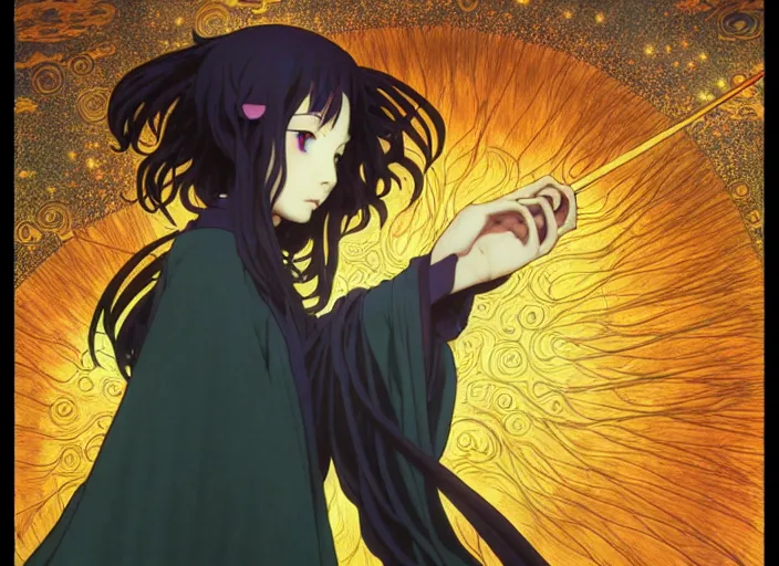 Prompt: a witch casting a spell, dark, digital, concept art, Kyoto animation,last exile, blue submarine no. 6, katsura masakazu, gustav klimt,loish, murata range, kawaii, studio lighting, manga, bright colors, anime, alphonse mucha, beautiful, 35mm lens, vibrant high contrast, gradation, jean giraud, moebius, fantasy, rule of thirds, unreal engine, fibonacci, intricate, cel shaded, blender npr, flat, matte print, smooth