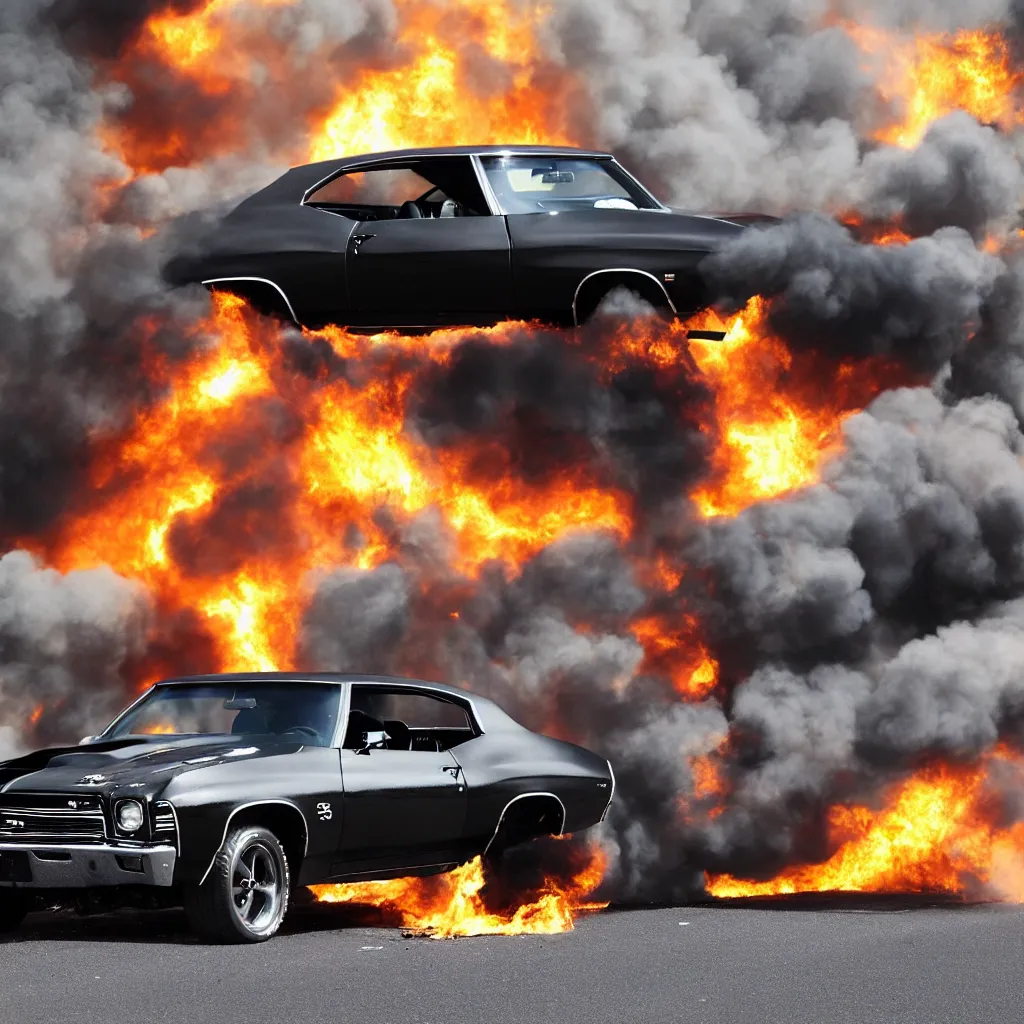 Image similar to a black 1 9 7 0 chevrolet chevelle ss driving i high speed, fire explosion in the background, action scen