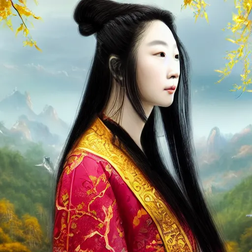 Prompt: a portrait of a young beautiful Chinese prince, long black hair, golden eyes, elegant, intricate, backlit, incredible lighting, strong rim light, subsurface scattering, epic beautiful landscape, cherry trees, highly detailed, god rays, digital painting, by Heise Jinyao, Heise-Lian Yan Fang, Feimo, Rossdraws, HDRI, vivid colors, high contrast, 8k resolution