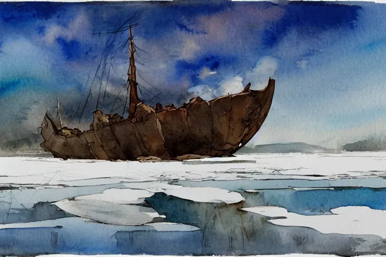 Image similar to small centered on watercolor paper, paint brush strokes, abstract watercolor painting of ancient viking wreck in frozen lake, daylight, blue sky, cinematic light, national romanticism by hans dahl, by jesper ejsing, by anders zorn, by greg rutkowski, by greg manchess, by tyler edlin