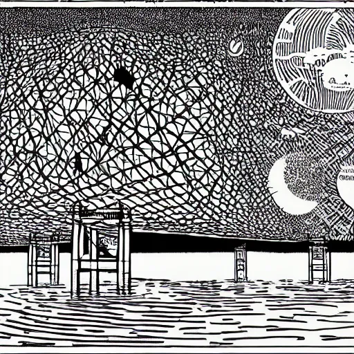 Image similar to by apollonia saintclair, by carsten meyerdierks depressing, tranquil mayan. a illustration of a group of flying islands, each with its own unique landscape, floating in the night sky. the islands are connected by a network of bridges. a small group of people can be seen walking along one of the bridges.