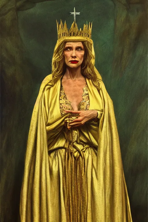 Image similar to Portrait of historically accurate, ancient biblical, sultry, sneering, evil, pagan, wicked, queen jezebel, wearing gilded robes, long hair, intricate, elegant, highly detailed, masterpiece, illustration, art by Andrew Wyeth, highly detailed, trending on artstation, award winning