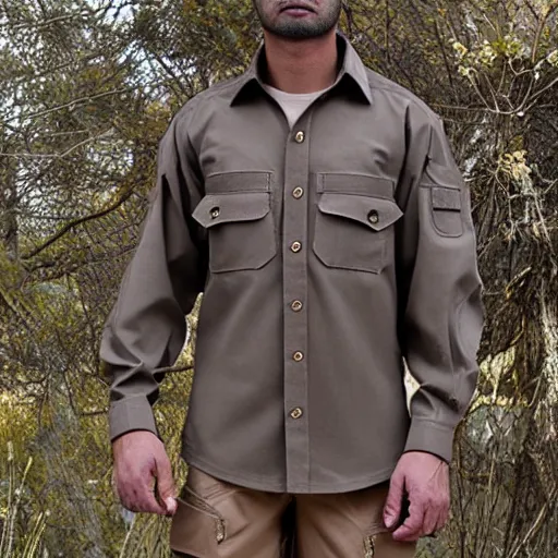 Prompt: tactical cargo buckskin shirt with tactical pouches