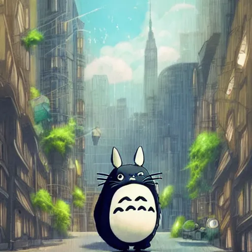 Prompt: totoro doing bussiness, tuxedo, in the big city, skyscrappers, fantasy digital art, wow, stunning, ghibli style, hight quality