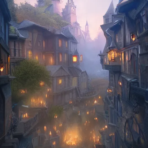 Image similar to little magical town for wizards and people with magic, realistic, 8 k, extremely detailed, cgi, trending on artstation, hyper - realistic render, by greg rutkowski